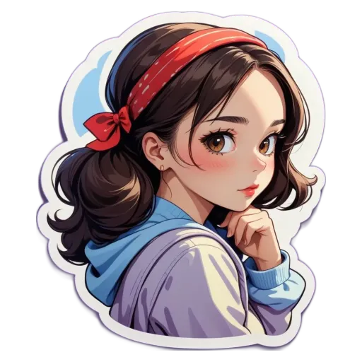 A sticker of a girl with her hand on her face.