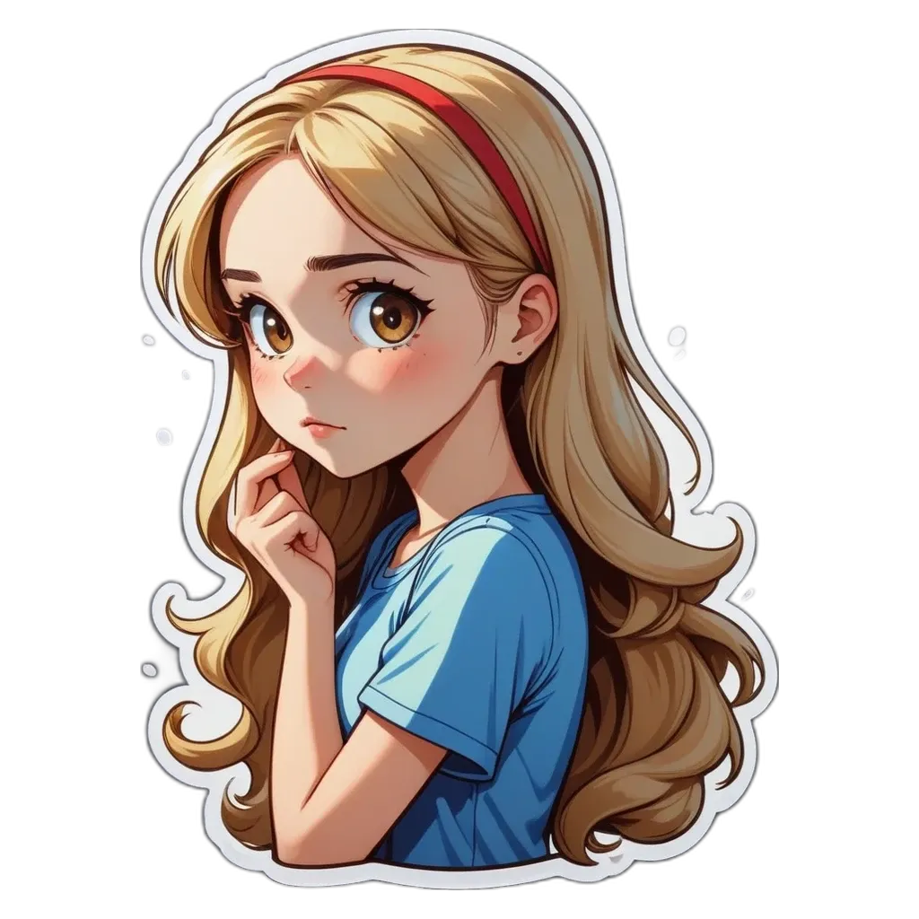 A girl with long hair and a blue t-shirt.