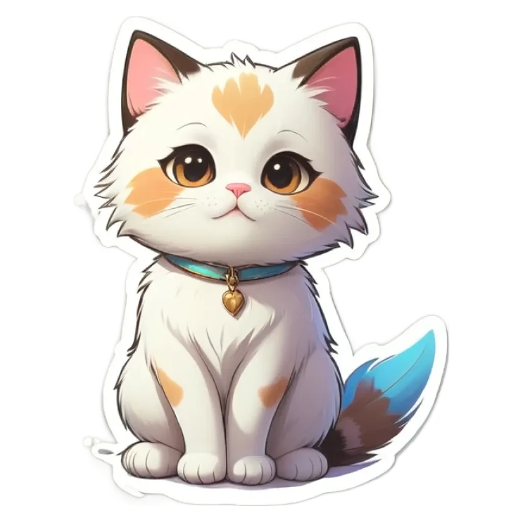 A cartoon cat with a blue collar sitting on a white background.
