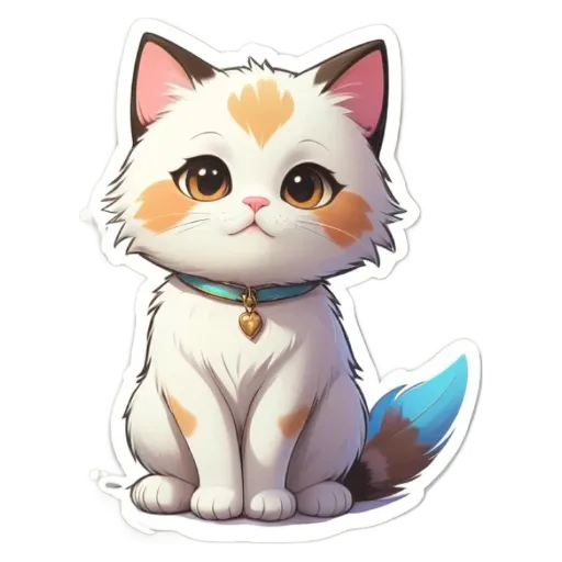 A cartoon cat with a blue collar sitting on a white background.