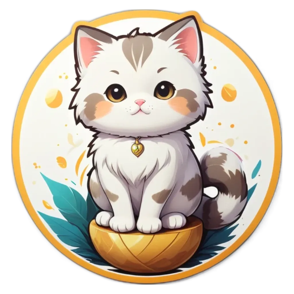 A cartoon cat sitting on a gold ball.