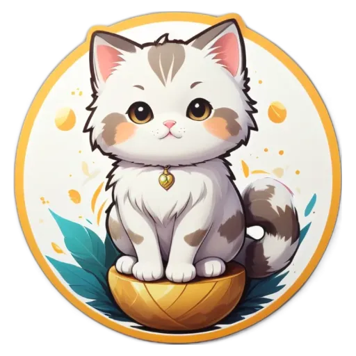 A cartoon cat sitting on a gold ball.
