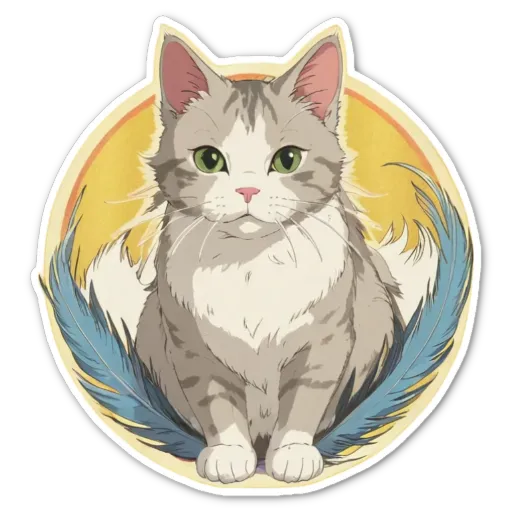 A cartoon picture of a cat with blue feathers.