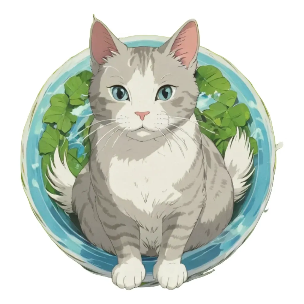 A cartoon cat in front of a blue rimmed bowl.
