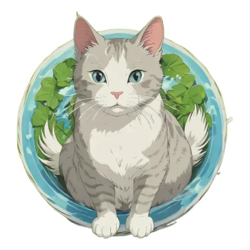 A cartoon cat in front of a blue rimmed bowl.