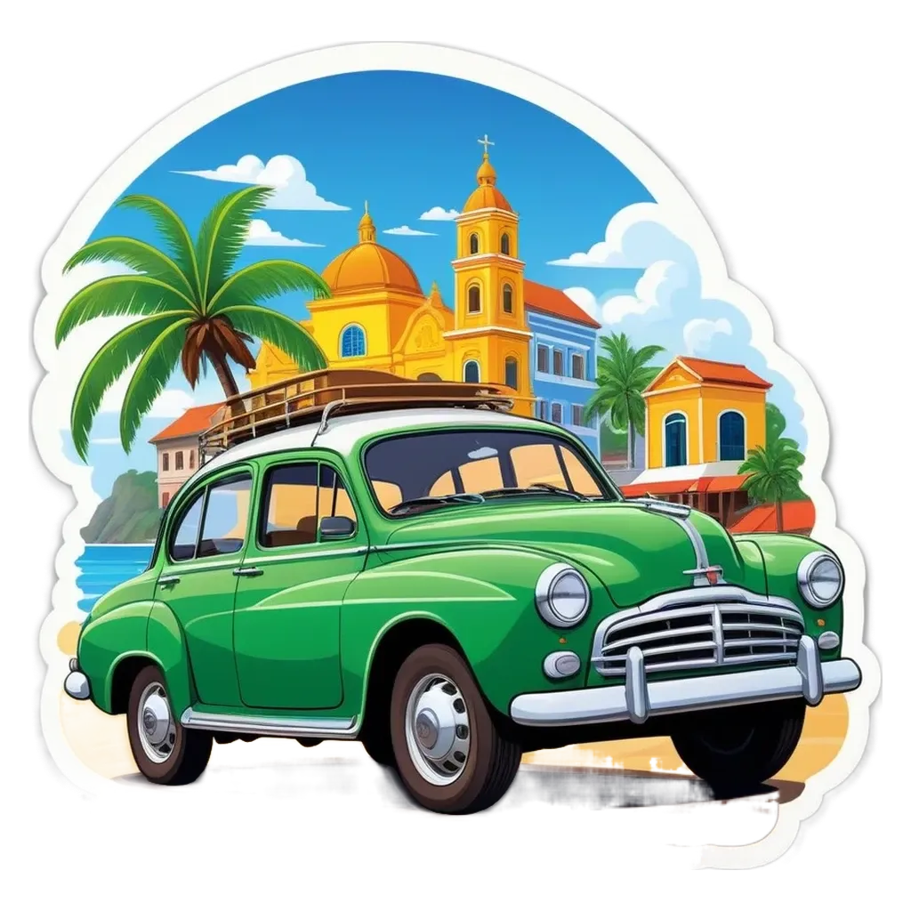 A green car with a round sticker of a car on it.