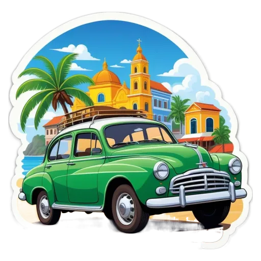 A green car with a round sticker of a car on it.