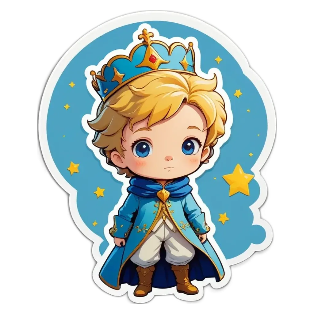 A cartoon drawing of a boy in a crown and clothing with stars around his neck.
