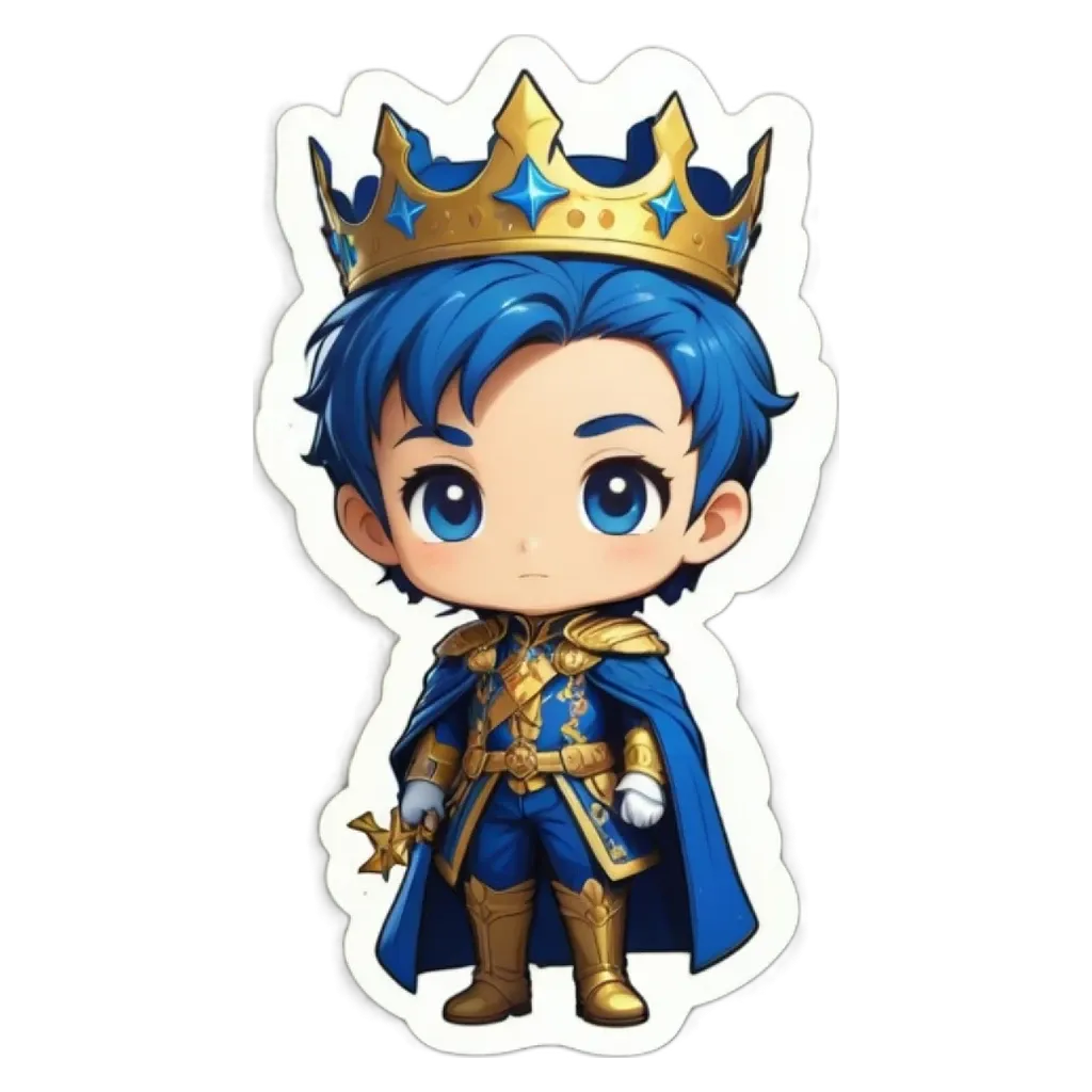A boy in a blue costume with a golden crown sticker.