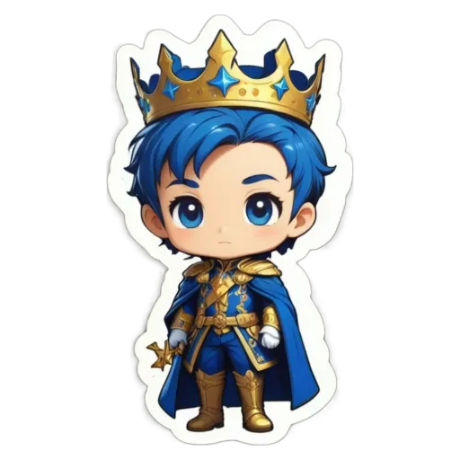 A boy in a blue costume with a golden crown sticker.