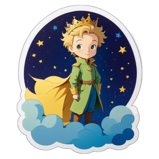 A cartoon character wearing a crown stands in the clouds.