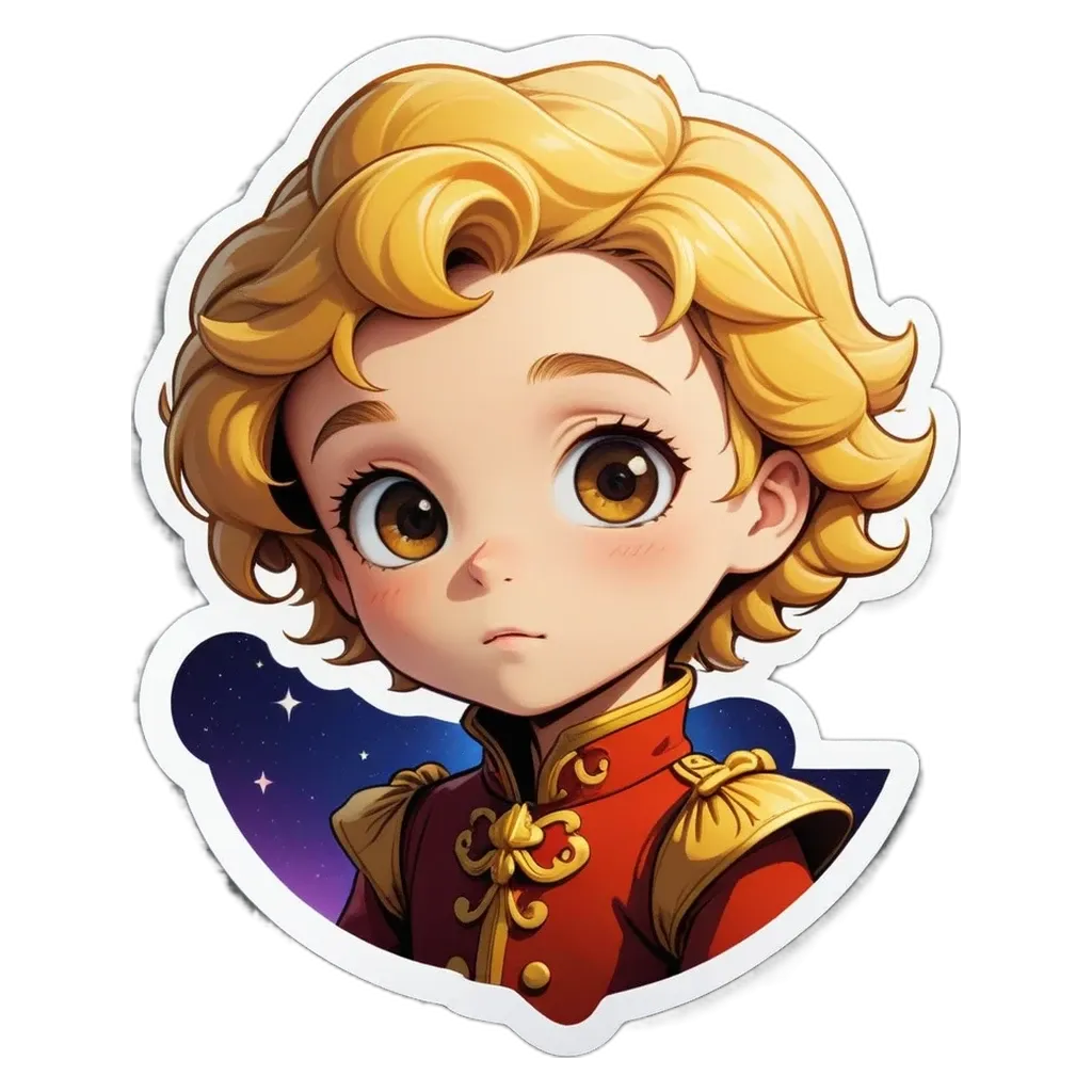 A boy with a red and gold outfit is looking down with his eyes wide.
