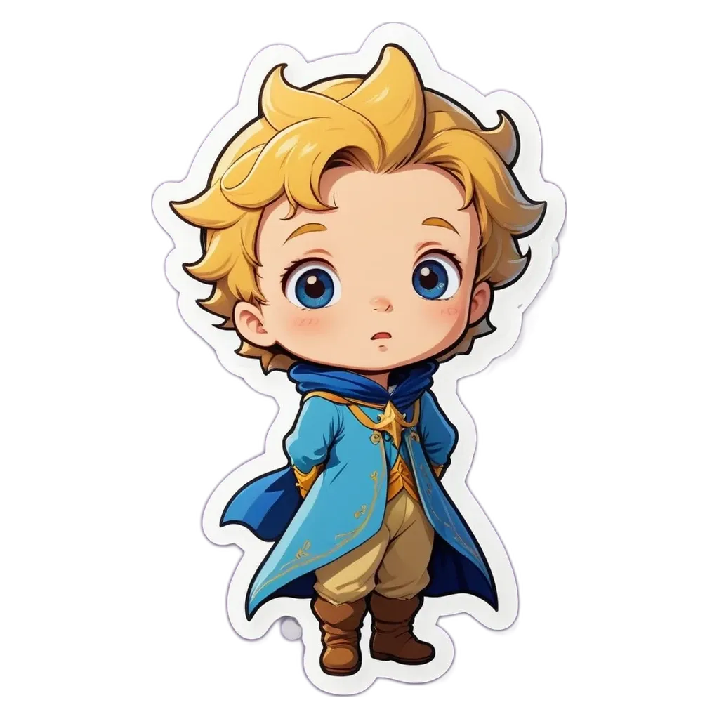 A small cartoon boy in blue who is wearing a blue and gold star.