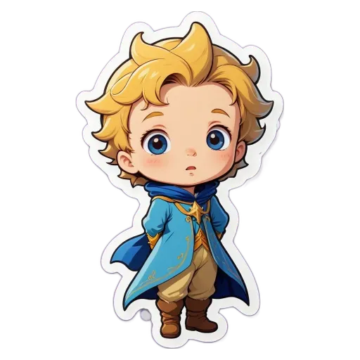 A small cartoon boy in blue who is wearing a blue and gold star.