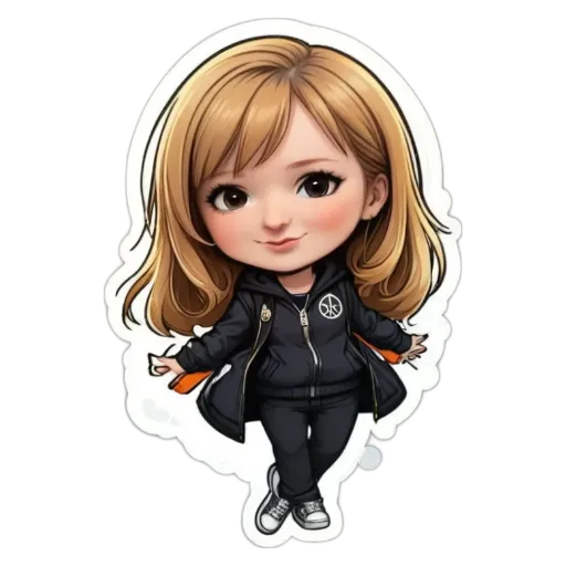 A cartoon girl wearing black clothes and a black jacket with a white cross in the middle.