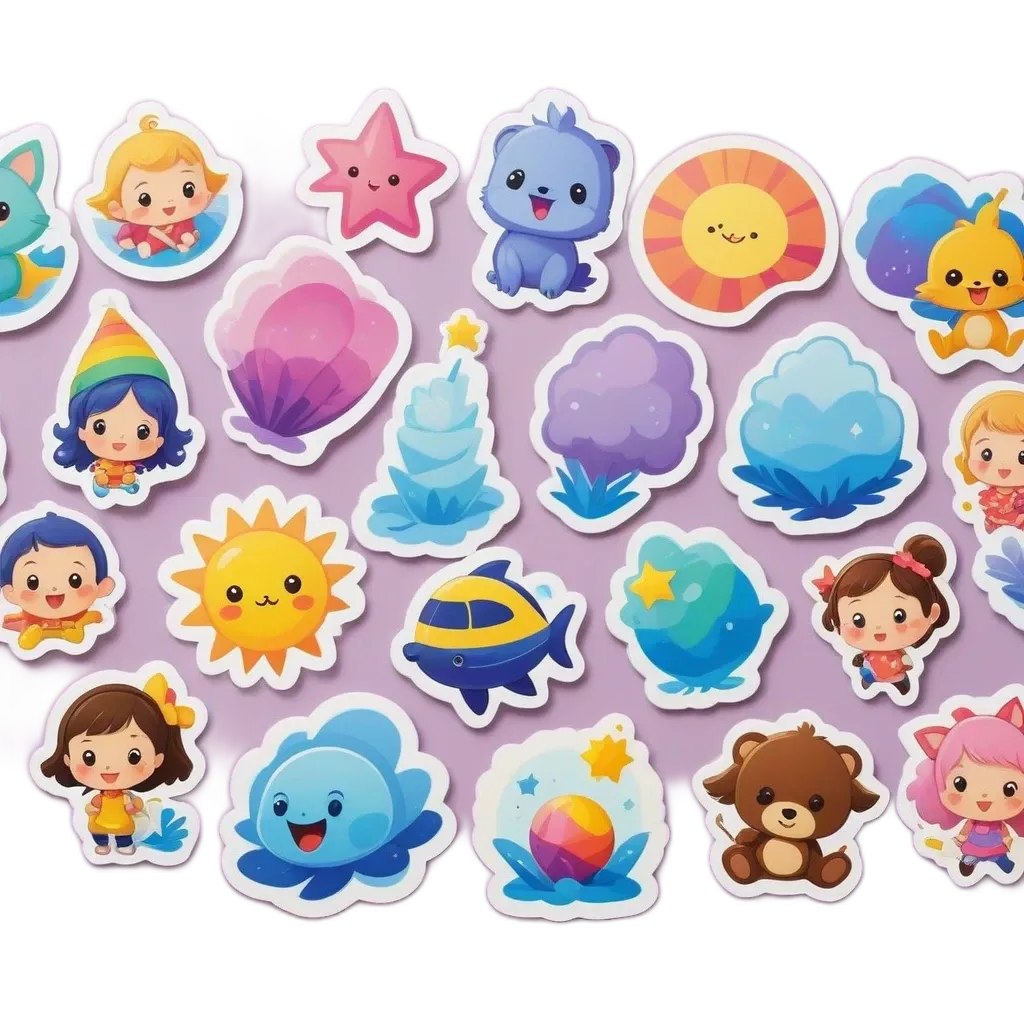 A collection of animal stickers are displayed on a purple background.