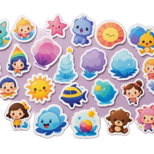 A collection of animal stickers are displayed on a purple background.