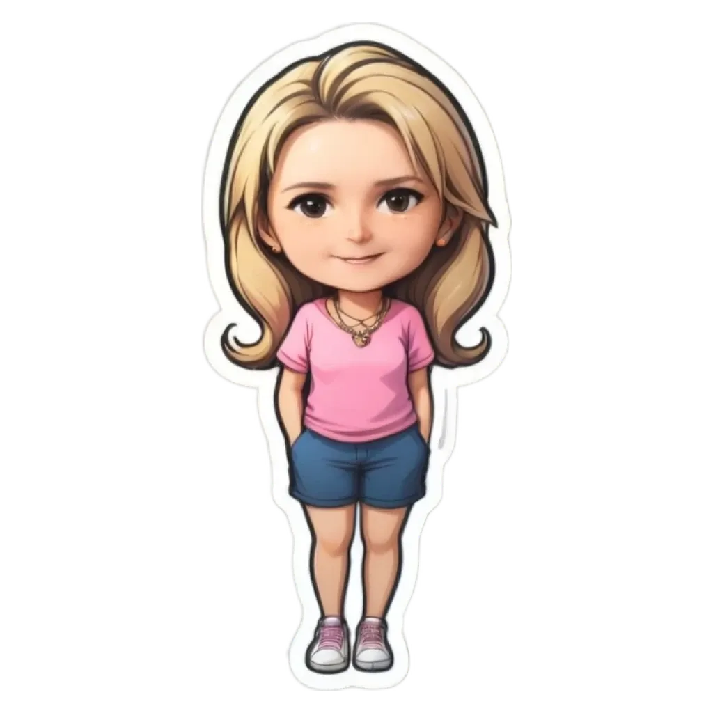 A cartoon girl with pink shorts standing on a black and white background.