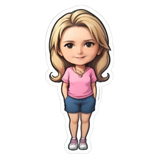 A cartoon girl with pink shorts standing on a black and white background.