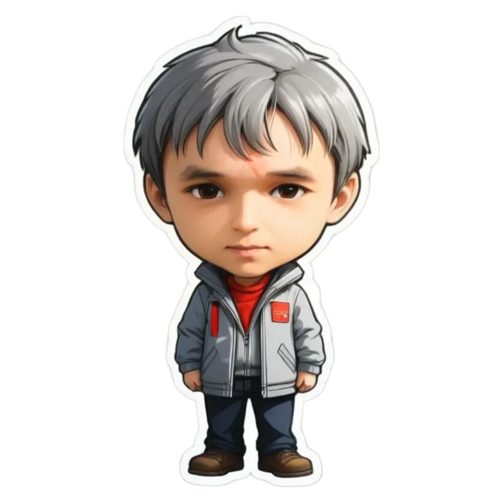 A sticker of a boy with grey hair and a red jacket.