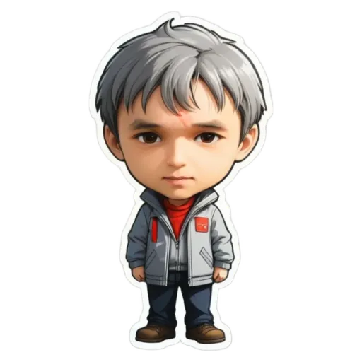 A sticker of a boy with grey hair and a red jacket.