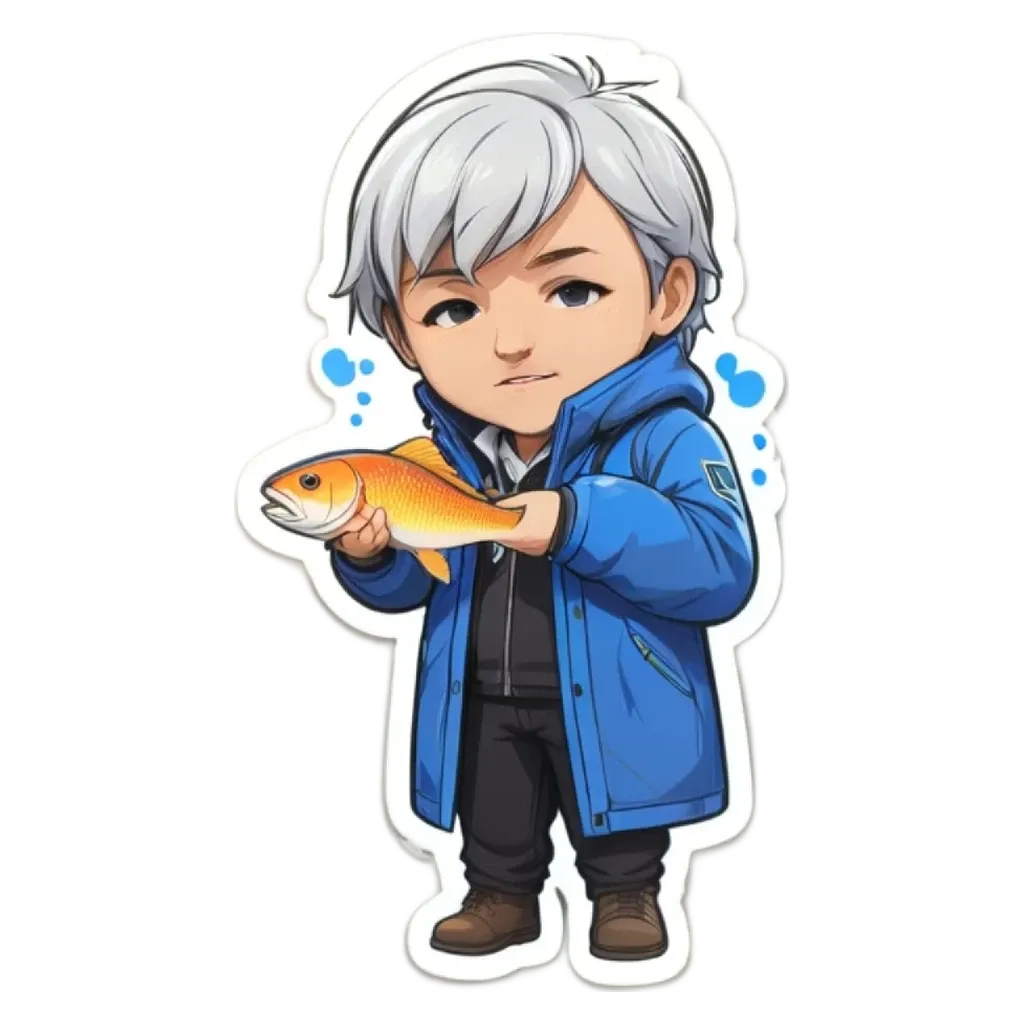 A boy in a blue jacket is holding a fish.