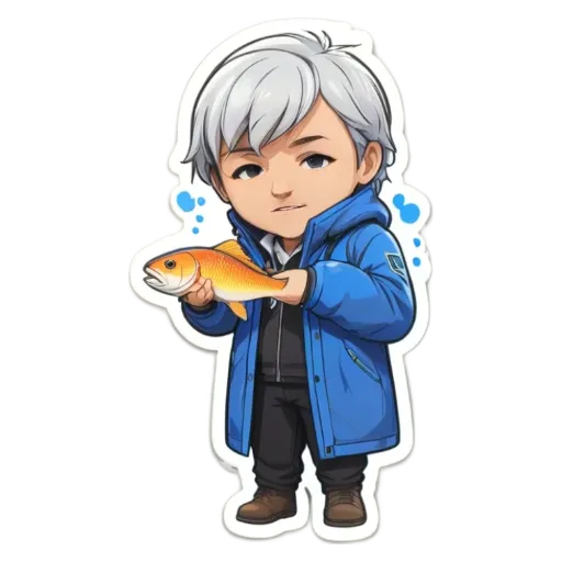 A boy in a blue jacket is holding a fish.