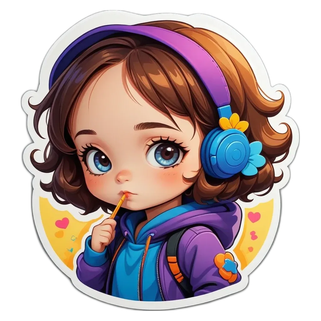 A girl with headphones on a black background.
