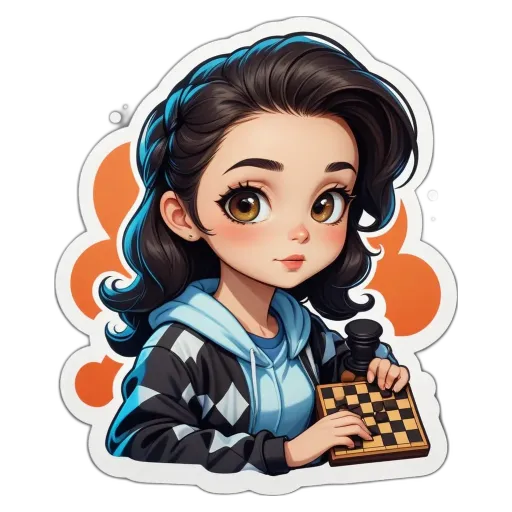 A girl wearing a hoodie is holding a checker board.