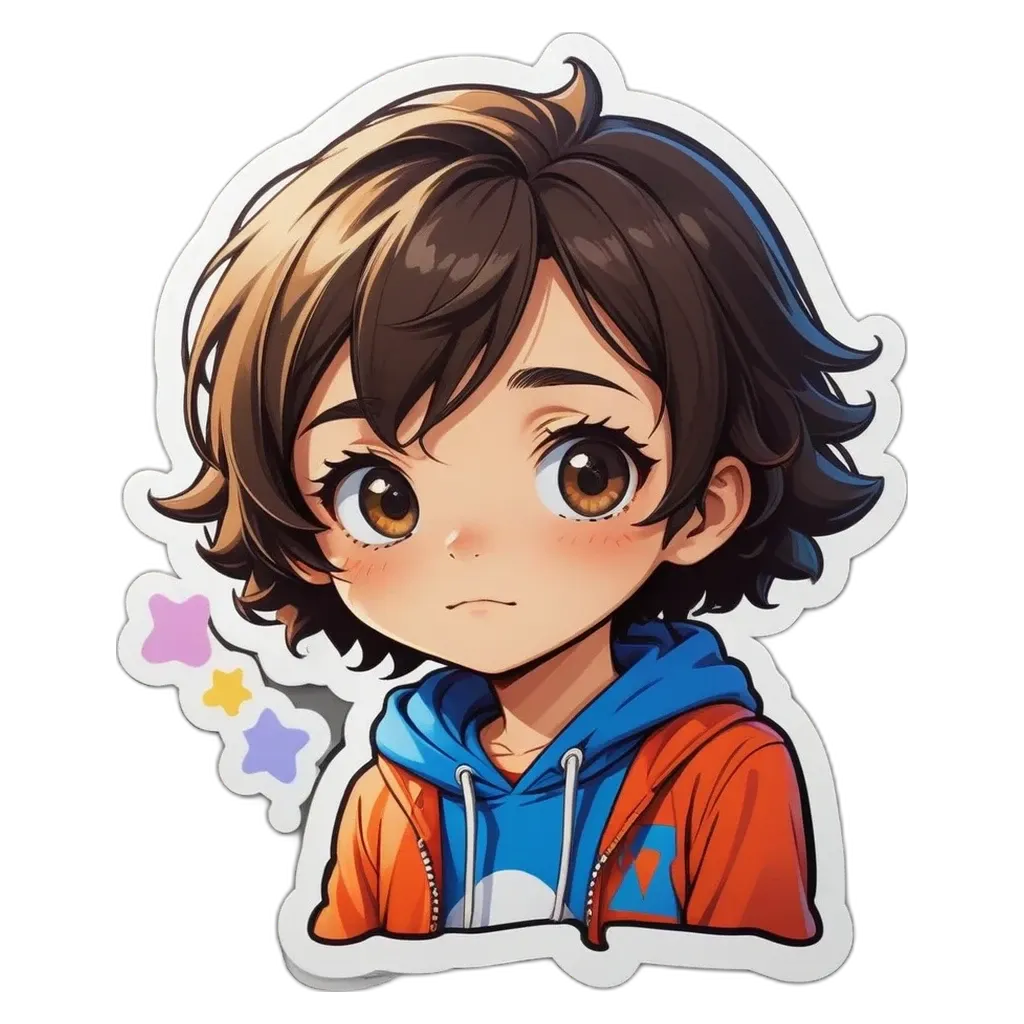 A boy with a blue hoodie and orange and blue jacket looking down with his mouth open.