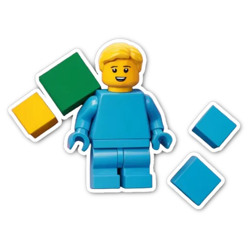 A blue lego person holding green and yellow legos.