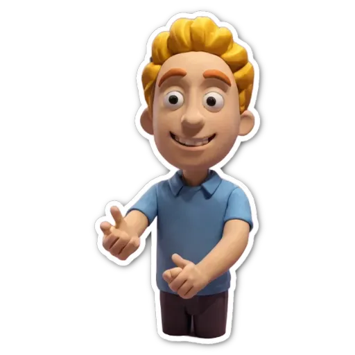 A sticker of a boy that is wearing a blue shirt.