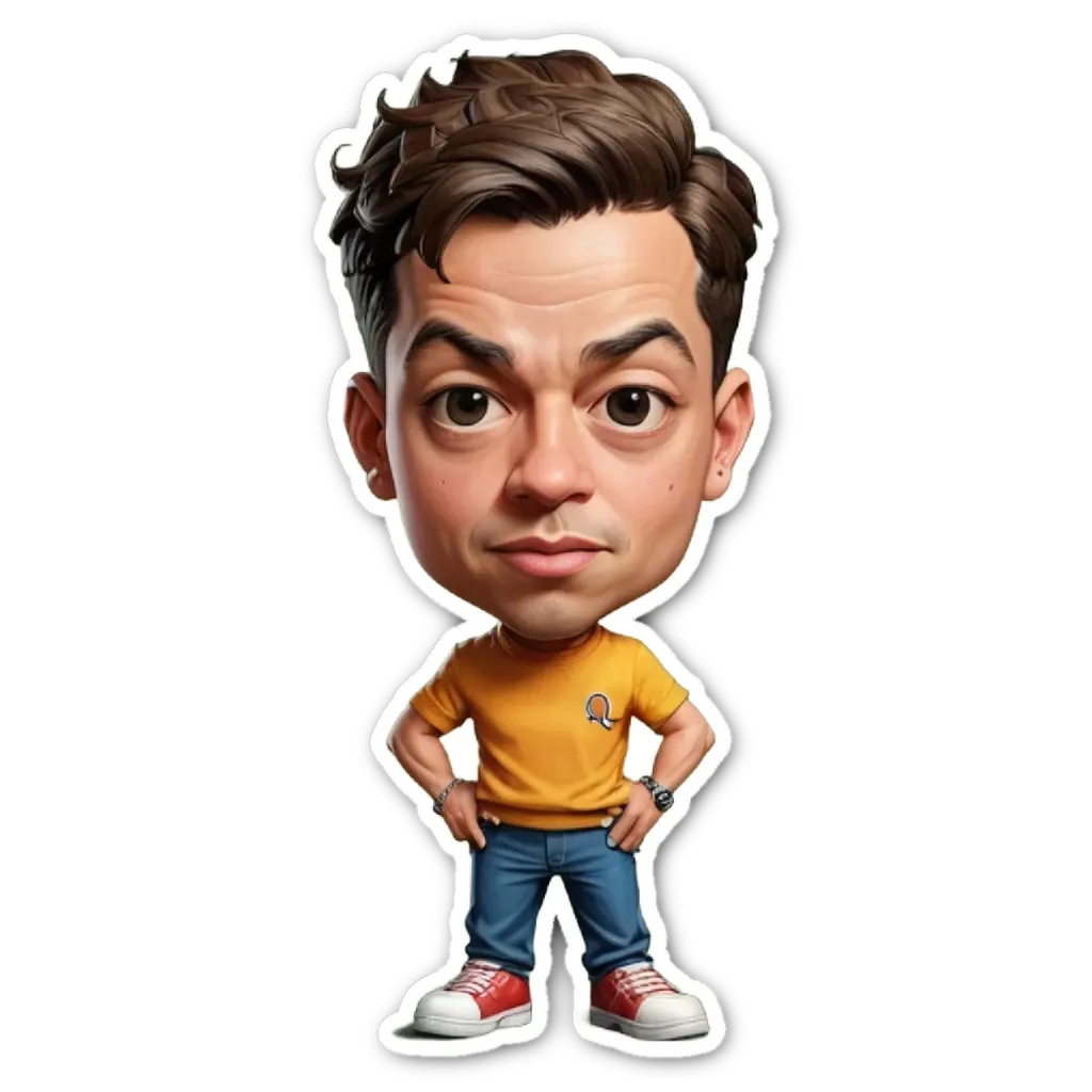 A cartoon picture of a man wearing a yellow shirt and blue jeans with red shoes.