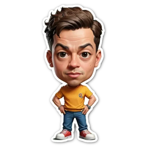 A cartoon picture of a man wearing a yellow shirt and blue jeans with red shoes.