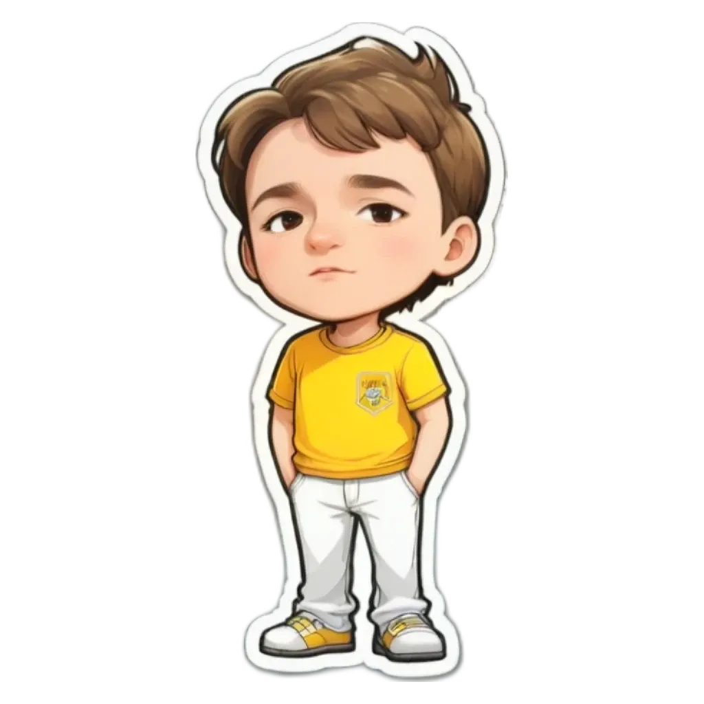 A boy is wearing a yellow shirt and white pants.
