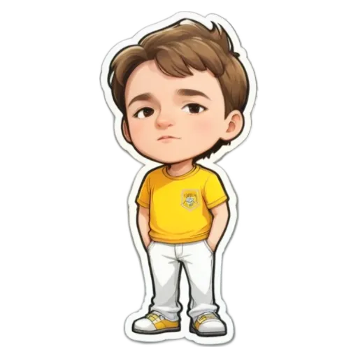 A boy is wearing a yellow shirt and white pants.