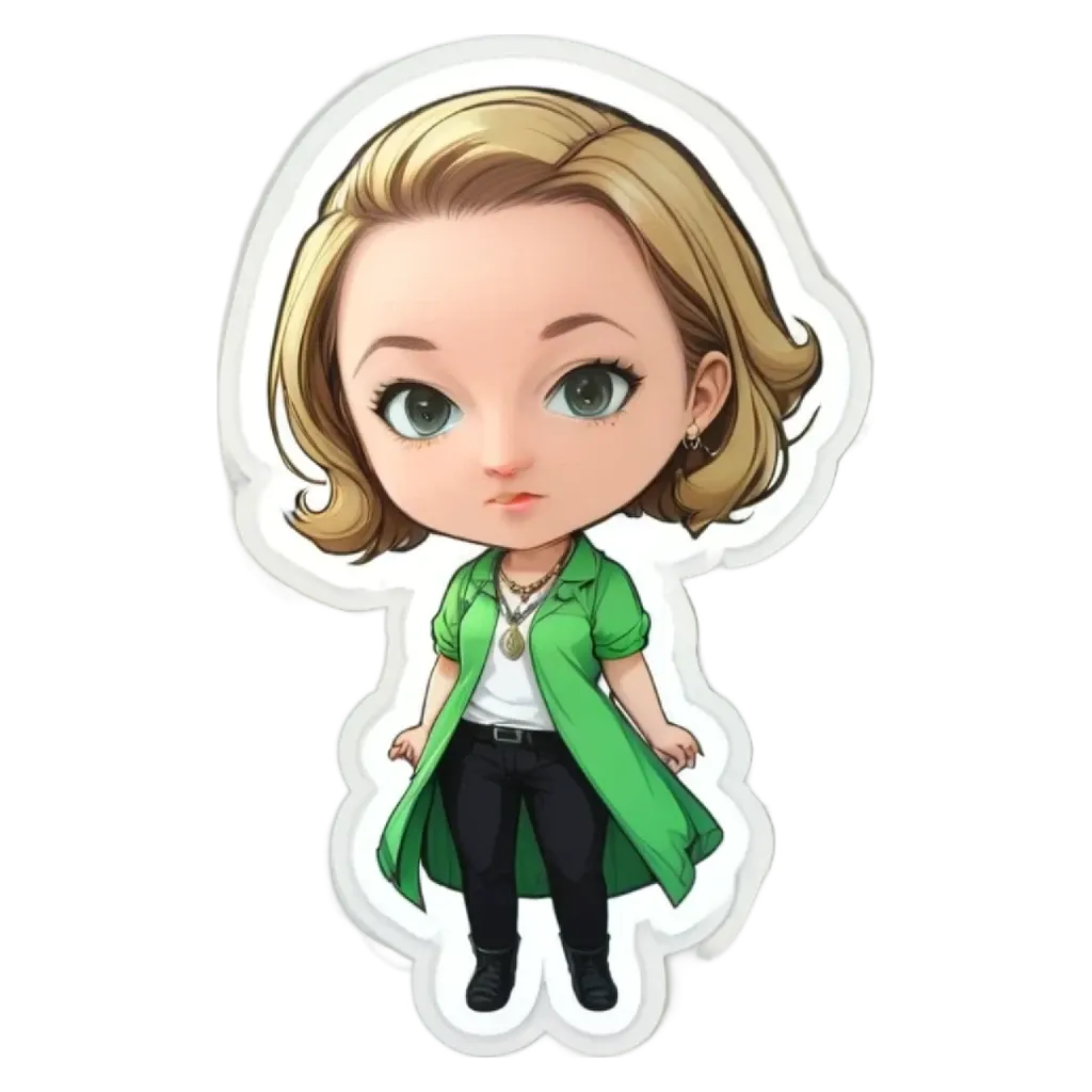 A green and white character is standing with her hands in her pockets.