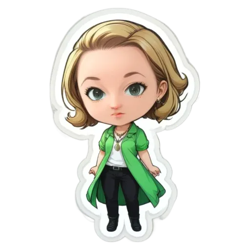 A green and white character is standing with her hands in her pockets.