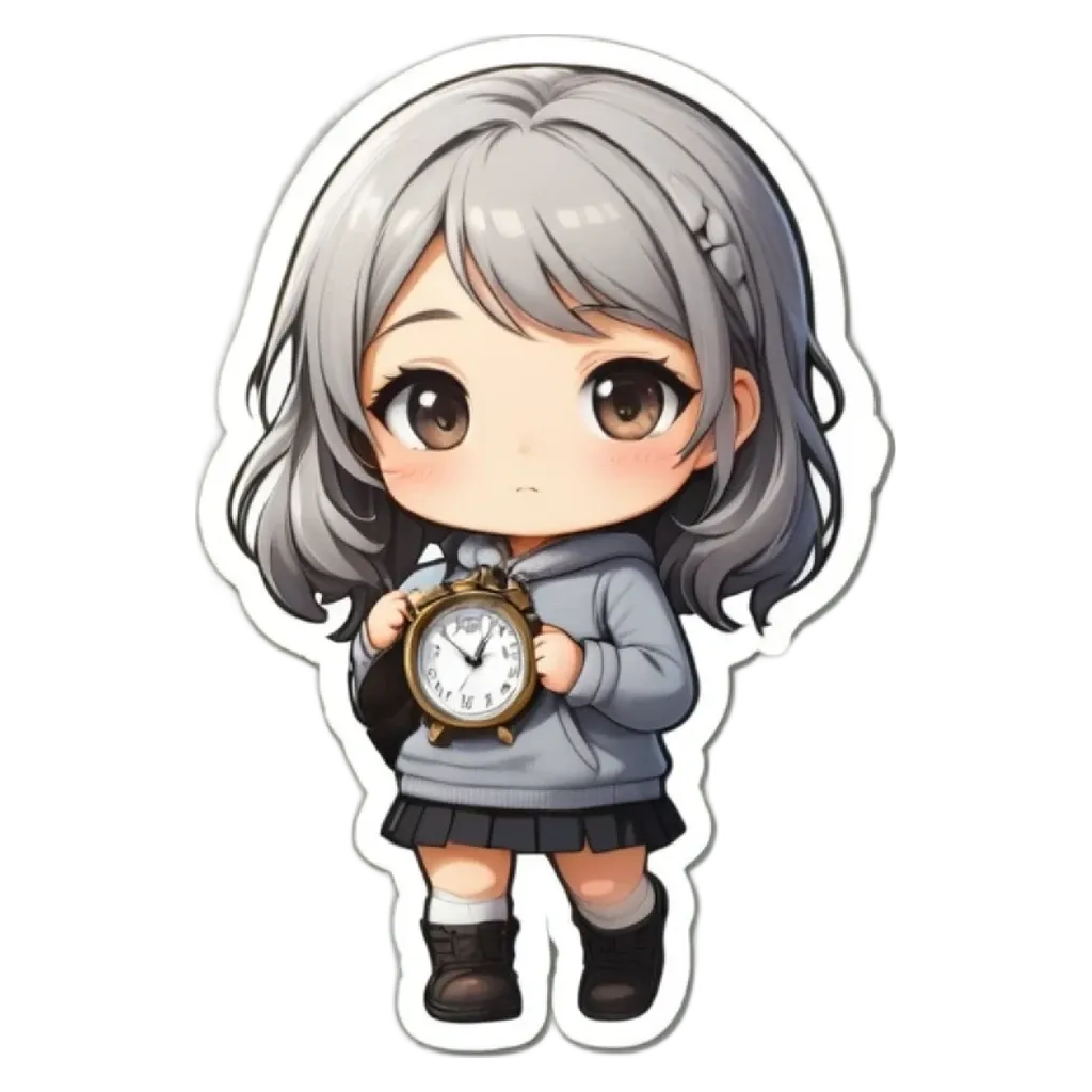 A girl holding a clock her wearing a grey dress.