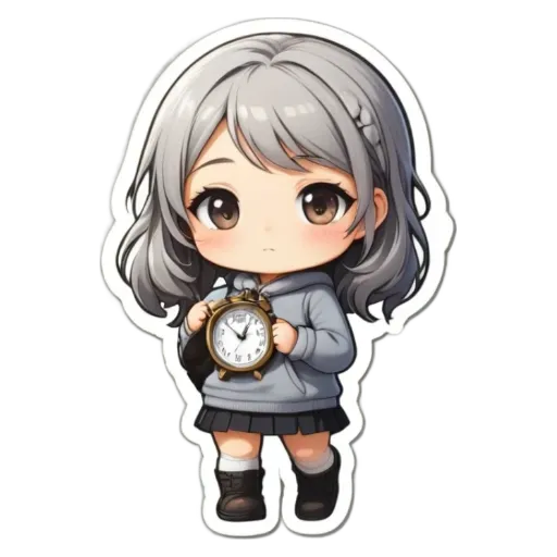 A girl holding a clock her wearing a grey dress.
