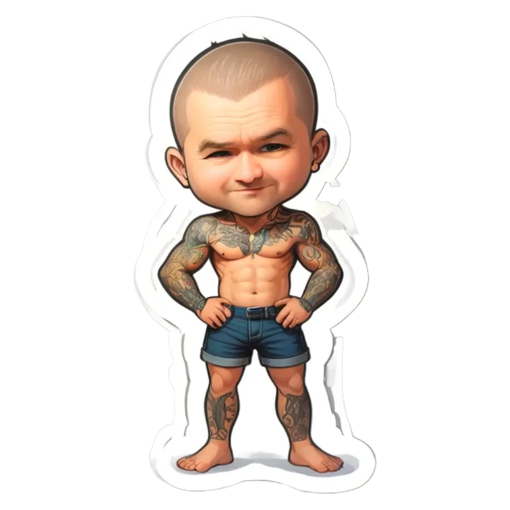 A cartoon picture of a man with no shirt and tattoos on his body.