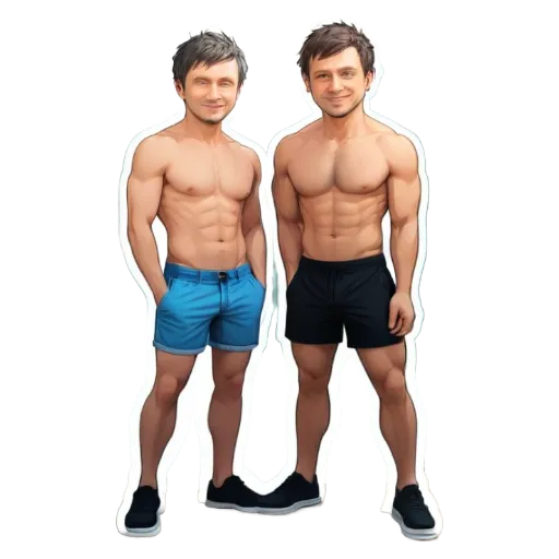 Two men with fake muscles and shirts, standing side by side.