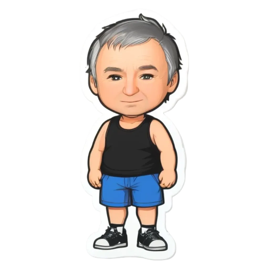 A sticker of a man with grey hair and black shorts.