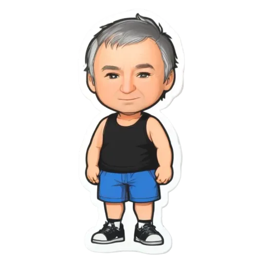 A sticker of a man with grey hair and black shorts.