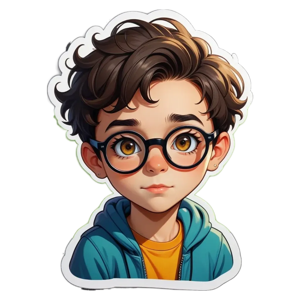 A boy wearing glasses and a blue jacket.