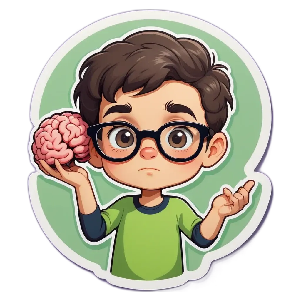 A boy wearing glasses holding a brain with a sticker on it.