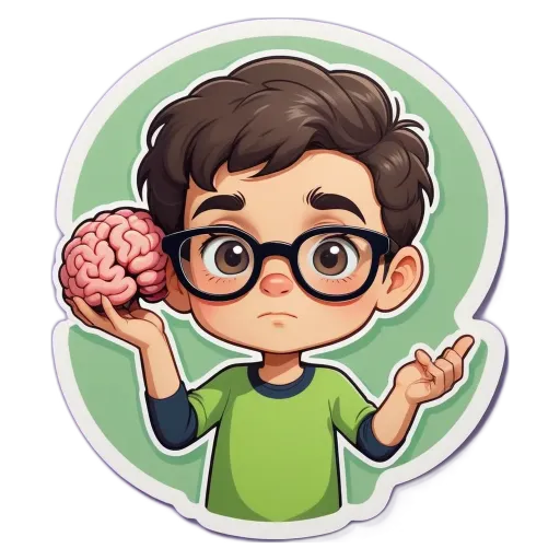 A boy wearing glasses holding a brain with a sticker on it.