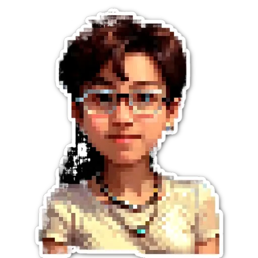 A girl wearing glasses is standing in front of a black background.