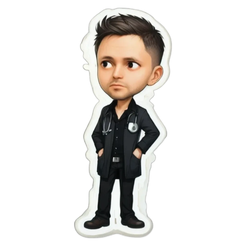 A cartoon depiction of a doctor with black hair.