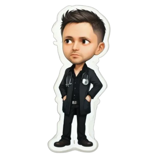 A cartoon depiction of a doctor with black hair.